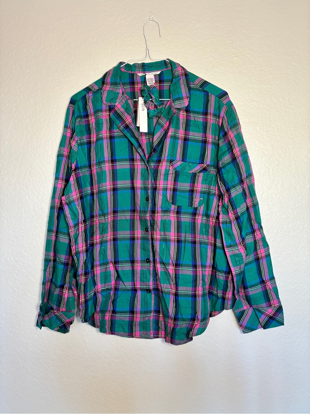 NWT Victoria's Secret Teal/Pink/Blue Plaid Button-Front Shirt Pajama & Scrunchy